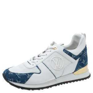 مملوكة مسبقًا Louis Vuitton White/Blue Leather, Mesh And Denim Monogram Run Away Sneakers Size 42