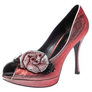 Louis Vuitton Ombre Red/Silver Shimmery Fabric Floral Embellished Peep Toe Pumps 40.5