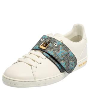 Pre Owned Louis Vuitton White Leather And Monogram Canvas Frontrow Lock Low Top Sneakers Size 41