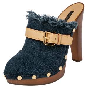 مملوكة مسبقًا Louis Vuitton Denim and Leather Trim Buckle Platform Mules Size 38