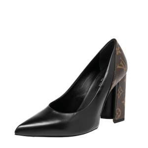 Pre Owned Louis Vuitton Black Leather  Monogram Canvas Pointed Toe Pumps Size 36.5