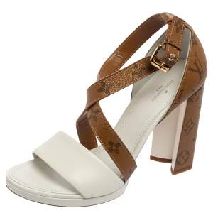 Pre Owned Louis Vuitton White/Brown Monogram Canvas and Leather Matchmake Sandals Size 39.5