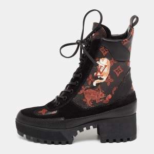 Pre Owned Louis Vuitton Brown/Black Suede And Coated Canvas Laureate Catogram Platform Ankle Boots Size 37.5