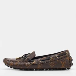 Pre Owned Louis Vuitton Brown Monogram Canvas Gloria Bow Slip On Loafers Size 36