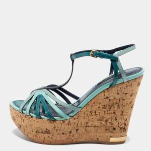 Louis Vuitton Tri Color Patent Leather T-Strap Cork Wedge Platform Sandals Size 37