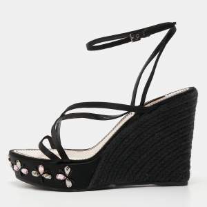 مملوكة مسبقًا Louis Vuitton Black Satin Crystal Embellished Platform Espadrille Sandals Size 39.5