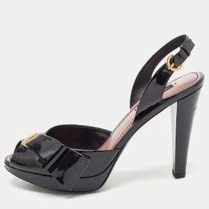 Louis Vuitton Black Patent Leather Bow Peep Toe Platform Slingback Sandals Size 38