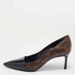 Pre Owned Louis Vuitton Brown/Black Monogram Canvas And Patent Leather Cap Toe Fetish Pointed Toe Pumps Size 37