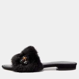 Louis Vuitton Black Mink Fur Crystal Embellished Flat Slides Size 37.5