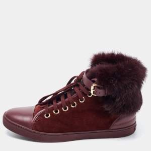 Louis Vuitton Burgundy Suede, Leather and Fur High Top Sneakers Size 38.5 