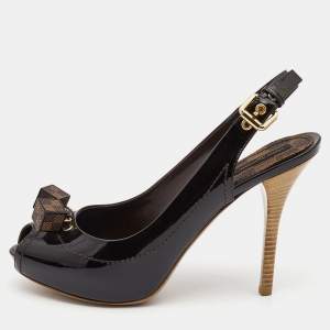 Pre Owned Louis Vuitton Black Patent Leather Vernis Dice Peep Toe Slingback  Pumps Size 38