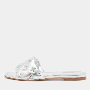 Louis Vuitton Silver Monogram Embossed Leather Revival Flat Slides Size 39