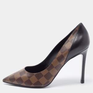 Louis Vuitton Brown Damier Ebene and Vernis Leather Cherie Pumps Size 38