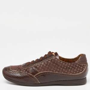 Pre Owned Louis Vuitton Brown Monogram Print Fabric and Embossed Snakeskin Low Top Sneakers Size 38.5