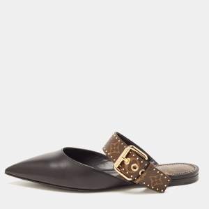 Louis Vuitton Black/Brown Monogram Canvas and Leather Buckle Mules Size 38 