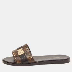 Louis Vuitton Brown Monogram Canvas Lock It Flat Slides Size36
