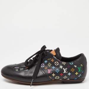 Louis Vuitton Black Leather and Monogram Canvas Low Top Sneakers Size 36