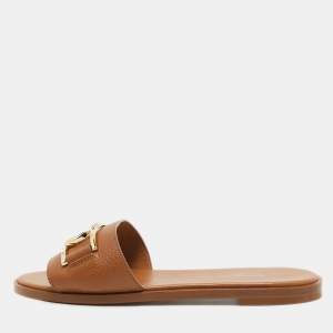 Pre Owned Louis Vuitton Tan Leather Lock It Flat Slides Size 37