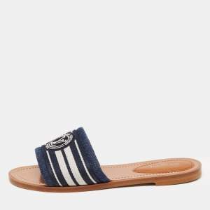 Louis Vuitton Navy Blue/White Canvas Lock It Flat Slides Size 37