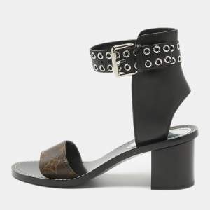 Louis Vuitton Brown/Black Leather and Monogram Canvas Block Heel Eyelet Ankle Cuff Sandals Size 37
