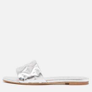 Louis Vuitton Silver Monogram Embossed Leather Revival Flat Slides Size 38