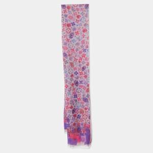 Pre Owned Louis Vuitton Pale Purple Monogram Scribble Print Cashmere & Silk Scarf