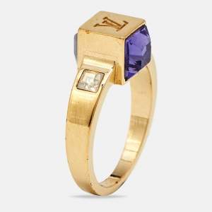 Pre Owned Louis Vuitton Gamble Crystal Gold Tone Ring Size 56