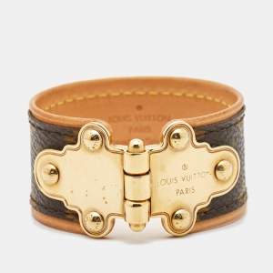 Pre Owned Louis Vuitton Gold Tone Save It Brown Monogram Canvas Wide Cuff Bracelet 17