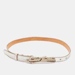 Vuitton Metallic Silver Leather Logo Narrow Belt 80CM