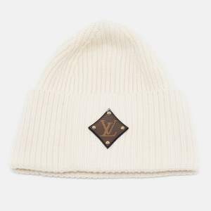 Louis Vuitton Off White Leather LV Applique Rib Knit Beanie