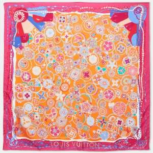 Pre Owned Louis Vuitton Orange/Pink Printed Silk Square Scarf 