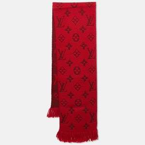 Louis Vuitton Red Wool & Silk Jacquard Logomania Shawl