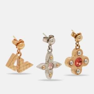 Pre Owned Louis Vuitton Love Letters Crystals Two Tone Metal Set of 3 Earrings