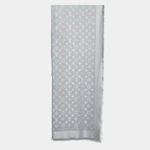 Pre Owned Louis Vuitton Grey Classique Monogram Silk & Wool Shawl