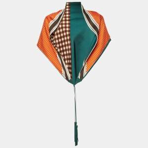 Louis Vuitton Orange/Green Check Print Leather Tassel  Silk Triangle Scarf