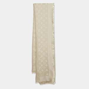 Pre Owned Louis Vuitton Classique Monogram Greige Wool Silk Classique Monogram Shawl