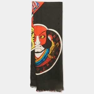 Louis Vuitton Black Kabugi Stickers Printed Silk & Wool Monogram Shawl