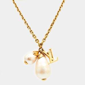 Louis Vuitton Damier Perle Faux Pearl Gold Tone Pendant Necklace