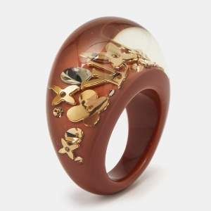 Louis Vuitton Monogram Inclusions Crystal Resin Gold Tone Ring Size 54