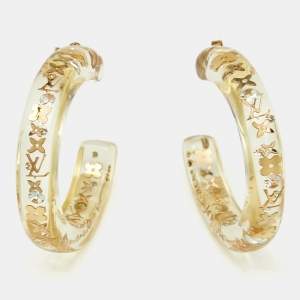 Louis Vuitton  Monogram Inclusion Clear Resin Crystals Gold Tone Hoop Earrings