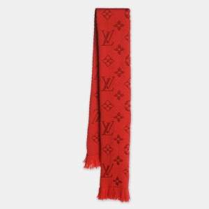 Pre Owned Louis Vuitton Red Wool & Silk Jacquard Logomania Scarf