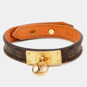 Pre Owned Louis Vuitton Logomania Brown Monogram Canvas Gold Tone Bracelet 17