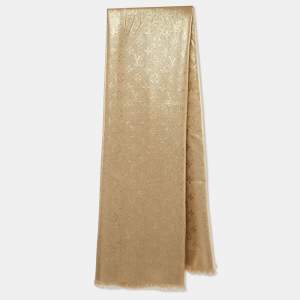 Pre Owned Louis Vuitton Gold Metallic Monogram Wool & Silk Shawl
