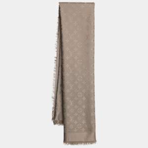 Pre Owned Louis Vuitton Beige Silk and Wool Logomania Shine Scarf