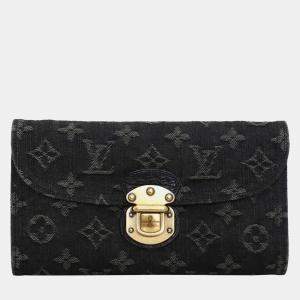 Pre Owned Louis Vuitton Vintage Amelia Black Monogram Denim Long Wallet