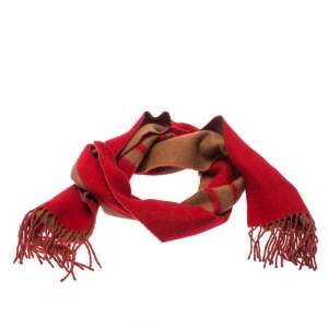 Pre Owned Louis Vuitton Red and Camel Cashmere Fringe Trim Baroda Scarf
