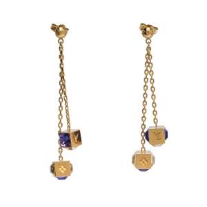 Pre Owned Louis Vuitton Gamble Crystal Gold Tone Long Drop Earrings