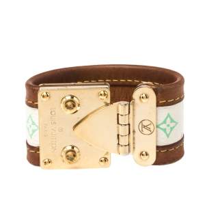 Pre Owned Louis Vuitton Beige Multicolor Monogram Canvas Leather S Lock Wide Cuff Bracelet