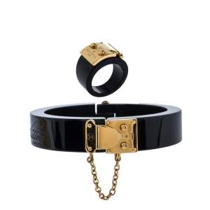 Pre Owned Louis Vuitton Black Gold Tone Lock Me Bracelet and Ring Set