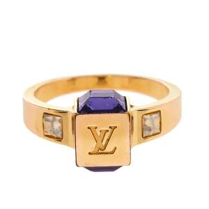 Pre Owned Louis Vuitton Gamble Crystal Gold Tone Ring Size 57